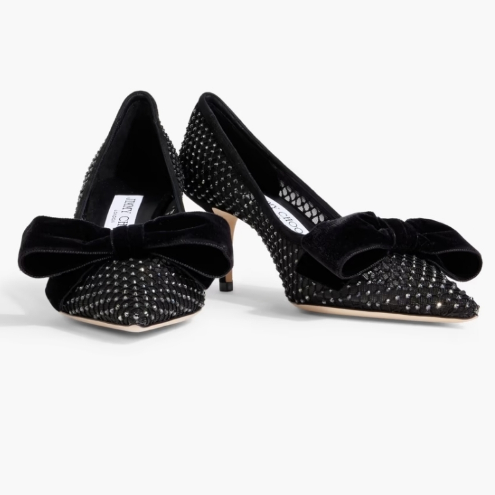 Jimmy Choo Black Mesh Heels with Bow Accent